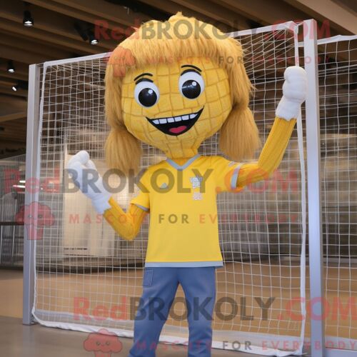 Personnage De Costume De Mascotte Redbrokoly De Filet De Volley-Ball Doré Habillé D Un Jean De Maman Et De Clips D Écharpe