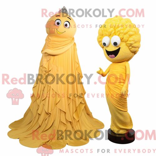 Costume De Mascotte Redbrokoly De Framboise Jaune Personnage Habillé D Une Robe De Soirée Et D Écharpes