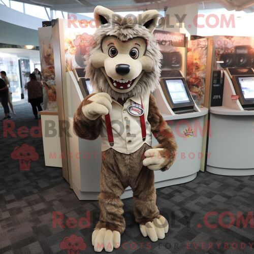 Mascotte Redbrokoly De Loup-Garou Beige Costume De Personnage Habillé Avec Une Blouse Et Des Porte-Monnaie