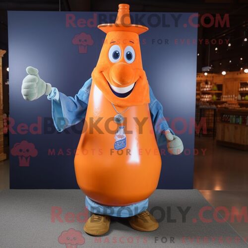 Costume De Mascotte Redbrokoly De Bouteille De Lait Orange Habillé D Une Chemise En Jean Et D Épingles À Châle