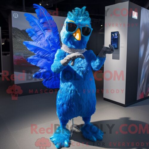 Costume Mascotte Redbrokoly De Coq Bleu Habillé D Une Robe Et De Lunettes De Soleil