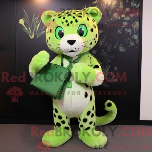Costume De Mascotte Redbrokoly De Léopard Vert Citron Habillé D Une Chemise Henley Et De Pochettes