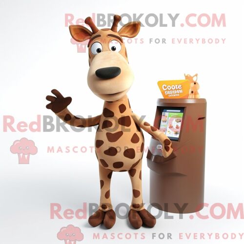 Costume Mascotte Redbrokoly De Girafe Marron Habillé D Un Débardeur Et De Portefeuilles