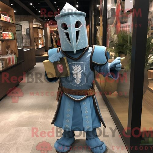 Costume De Mascotte Redbrokoly De Chevalier Médiéval Bleu Sarcelle Habillé D Une Chemise En Chambray Et De Pochettes