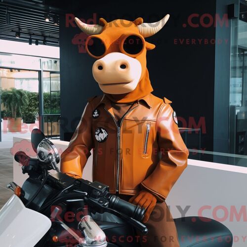 Costume De Mascotte Redbrokoly De Vache En Jersey Rouille Personnage Habillé D Une Veste De Moto Et De Noeuds Papillons