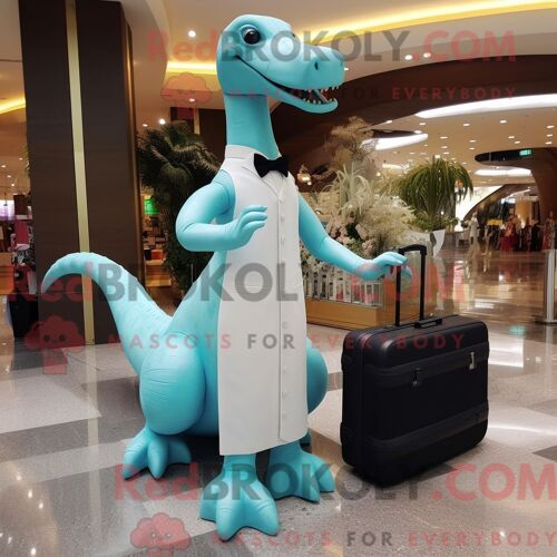 Costume Mascotte Redbrokoly De Brachiosaure Cyan Personnage Habillé D Une Robe De Mariée Et De Porte-Documents