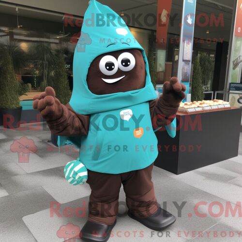 Costume De Mascotte Redbrokoly De Barres De Chocolat Turquoise Personnage Habillé Avec Un Coupe-Vent Et Des Gants