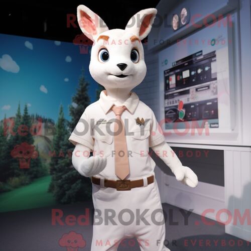 Costume De Mascotte Redbrokoly De Chevreuil Blanc Habillé D Une Chemise Boutonnée Et De Montres