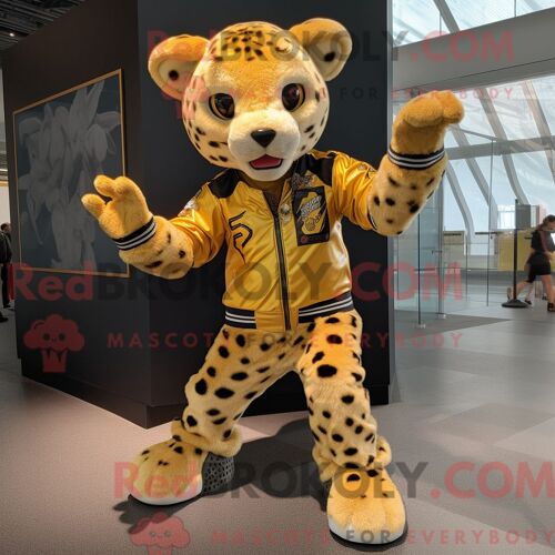 Costume De Mascotte Redbrokoly De Guépard Doré Personnage Habillé D Un Blouson Aviateur Et De Coussinets De Pieds