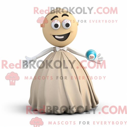 Costume Mascotte Redbrokoly De Boule De Pétanque Beige Personnage Habillé D Une Robe De Bal Et D Épingles À Cravate