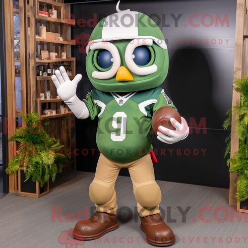 Costume De Mascotte Redbrokoly De Casque De Football Américain Olive Habillé D Un Jean Évasé Et De Montres Intelligentes