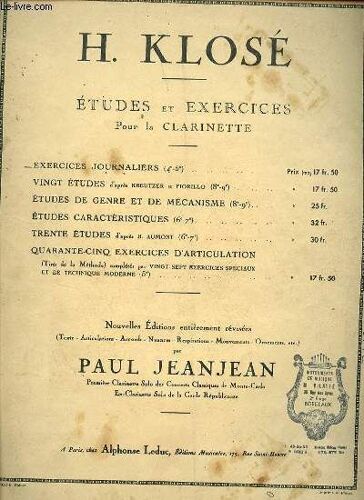 Etudes Et Exercices Pour La Clarinette. Exercices Journaliers Vingt Etudes, Etudes De Genre Et De Macanisme , Etudes Caracteristiques Trente Etudes, Quarante-Cinq Exercices D'articulation.