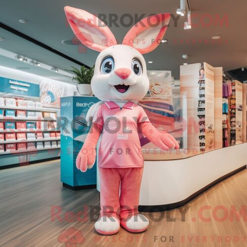 Costume Mascotte Redbrokoly De Lapin Rose Habillé D Un Maillot De Bain Une Pièce Et De Noeuds Papillons