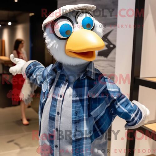 Costume De Mascotte Redbrokoly De Mouette Bleue Habillé D Une Chemise En Flanelle Et De Porte-Clés