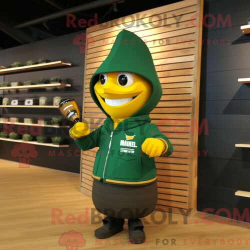 Personnage De Costume De Mascotte Redbrokoly De Bouteille De Moutarde Vert Forêt Habillé Avec Une Veste De Moto Et Des Châles