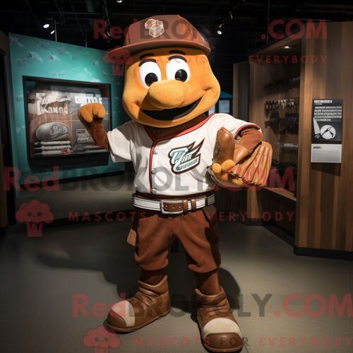 Personnage De Costume De Mascotte Redbrokoly De Fer À Cheval Rouille Habillé Avec Un T-Shirt De Baseball Et Des Ceintures