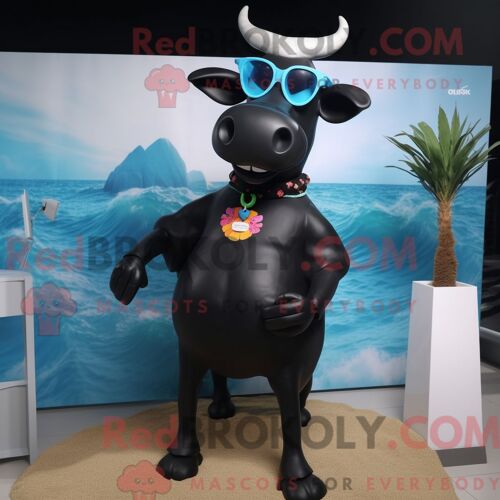 Mascotte Redbrokoly De Zébu Noir Costume De Personnage Habillé Avec Un Maillot De Bain Et Des Montres