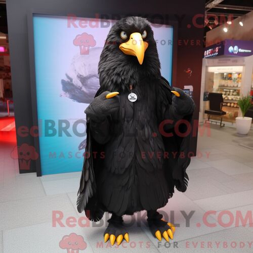 Costume Mascotte Redbrokoly D Aigle Noir Habillé D Un Imperméable Et De Châles