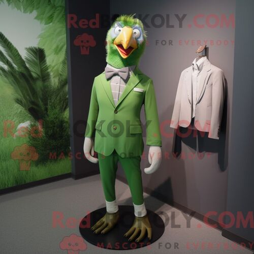 Costume De Mascotte Redbrokoly De Faisan Vert Citron Habillé D Un Blazer Et De Bretelles