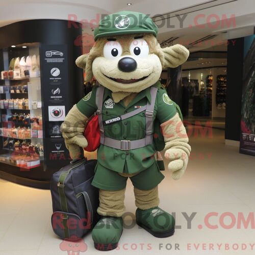 Costume De Mascotte Redbrokoly Para Commando Vert Forêt Habillé D Une Chemise De Rugby Et De Sacs Fourre-Tout