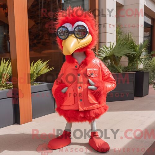 Costume Mascotte Redbrokoly D Autruche Rouge Habillé D Un Manteau Et De Lunettes De Soleil