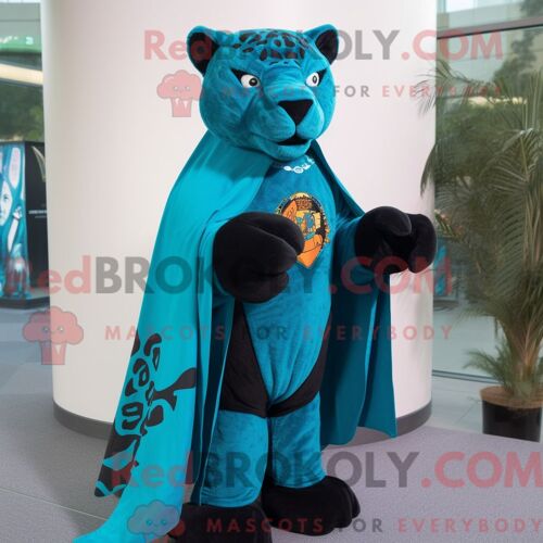 Costume De Mascotte Redbrokoly De Panthère Turquoise Habillé Avec Un T-Shirt À Manches Longues Et Des Châles