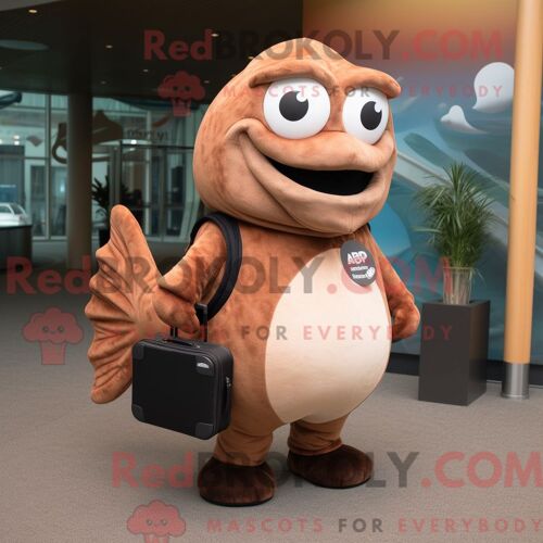 Costume De Mascotte Redbrokoly De Saumon Marron Habillé D Un Legging Et D Une Mallette