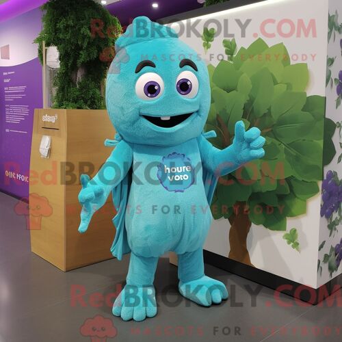 Costume Mascotte Redbrokoly De Raisin Turquoise Habillé D Un T-Shirt Et De Broches