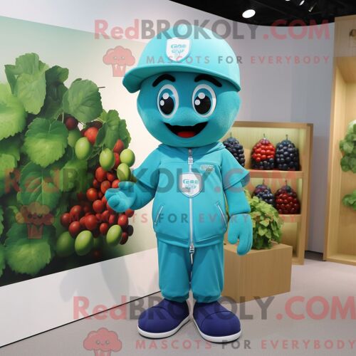 Costume Mascotte Redbrokoly De Raisin Turquoise Habillé D Un T-Shirt Et De Broches