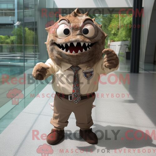 Costume Mascotte Redbrokoly De Piranha Marron Personnage Habillé Avec Une Chemise Boutonnée Et Des Cravates