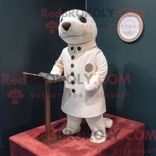 Costume De Mascotte Redbrokoly De Phoque Crème Personnage Habillé D Un Col Roulé Et De Pochettes De Costume