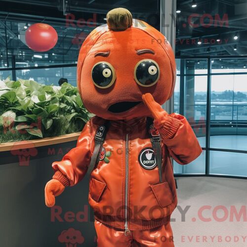 Personnage De Costume De Mascotte Redbrokoly De Tomate Rouille Habillé Avec Un Blouson Aviateur Et Des Bracelets