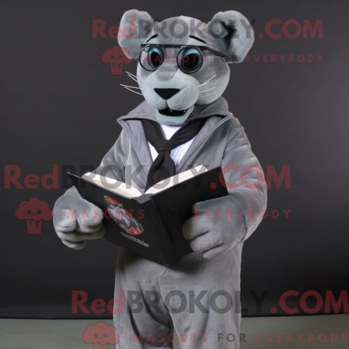 Costume Mascotte Redbrokoly De Panthère Grise Personnage Habillé D Un Manteau Et De Lunettes De Lecture