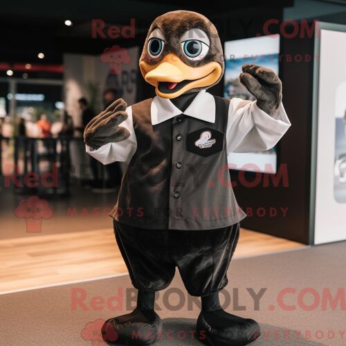 Costume Mascotte Redbrokoly De Gosling Noir Habillé D Une Chemise Boutonnée Et De Cravates