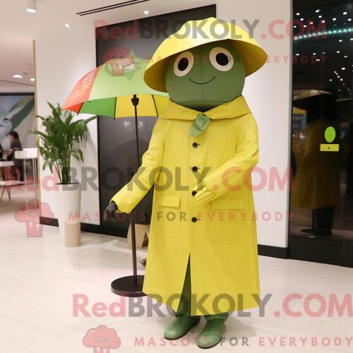 Costume Mascotte Redbrokoly De Bague De Fiançailles Olive Personnage Habillé D Un Imperméable Et De Pochettes De Costume