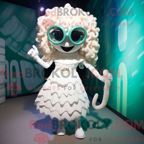 Mascotte Redbrokoly De Méduse Blanche Personnage Habillé Avec Une Robe Droite Et Des Lunettes De Soleil