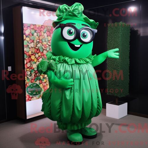 Costume De Mascotte Redbrokoly De Boîte À Bonbons Vert Forêt Habillé D Une Robe Portefeuille Et De Lunettes