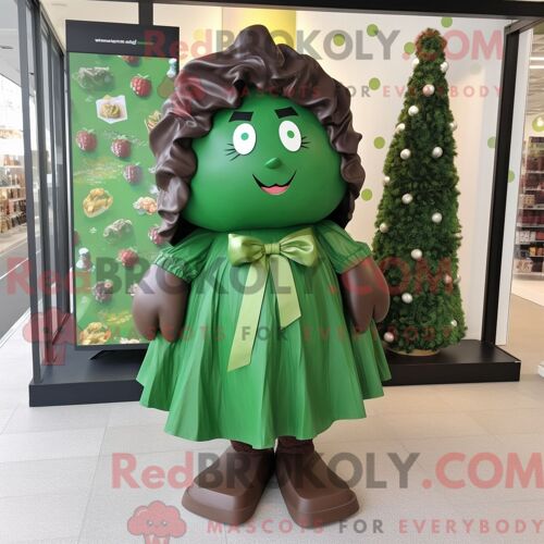Costume De Mascotte Redbrokoly De Chocolats Vert Forêt Habillé D Une Jupe Portefeuille Et D Épingles À Cheveux