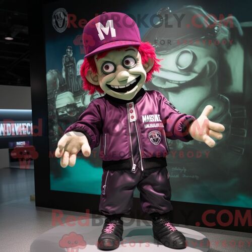 Costume De Mascotte Redbrokoly De Frankenstein Magenta Personnage Habillé Avec Un Blouson Aviateur Et Des Casquettes