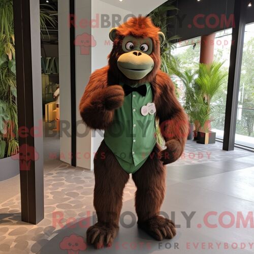 Costume De Mascotte Redbrokoly D Orang-Outan Olive Habillé D Un T-Shirt À Col En V Et De Noeuds Papillons