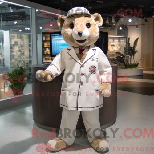Costume De Mascotte Redbrokoly De Docteur Beige Personnage Habillé D Un Pantalon En Velours Côtelé Et D Épinglettes