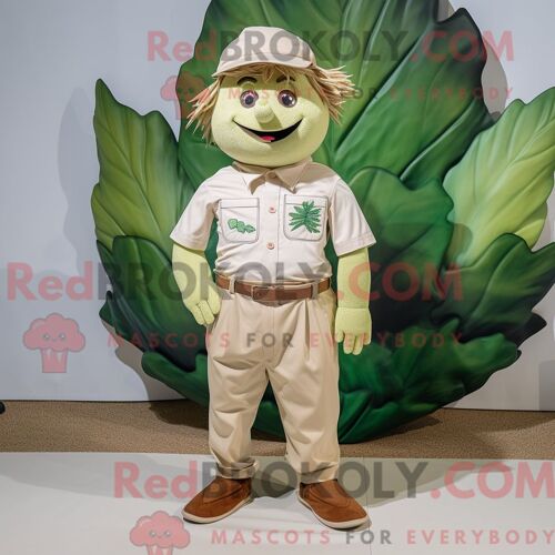 Costume De Mascotte Redbrokoly De Feuille De Chou Beige Personnage Habillé Avec Un Polo Et Des Bretelles
