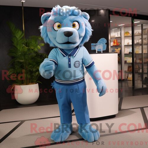 Costume De Mascotte Redbrokoly De Lion Bleu Ciel Habillé D Un Rash Guard Et De Pochettes De Costume