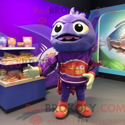 Costume De Mascotte Redbrokoly De Tacos De Poisson Violet Habillé D Un Rash Guard Et D Un Porte-Monnaie