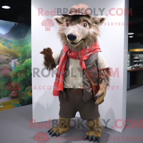 Costume De Mascotte Redbrokoly De Sanglier Habillé Avec Un T-Shirt À Col En V Et Des Chapeaux