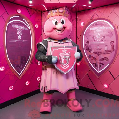 Costume De Mascotte Redbrokoly De Bouclier Celtique Rose Habillé Avec Un T-Shirt À Manches Longues Et Des Pochettes