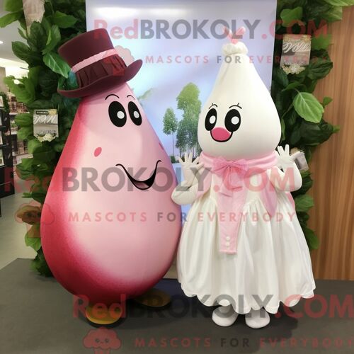 Costume Mascotte Redbrokoly De Poire Rose Habillé D Une Robe De Mariée Et De Sacs Messager