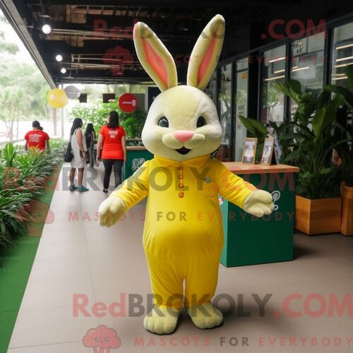 Costume De Mascotte Redbrokoly De Lapin Jaune Citron Habillé Avec Un T-Shirt À Col En V Et Des Porte-Clés