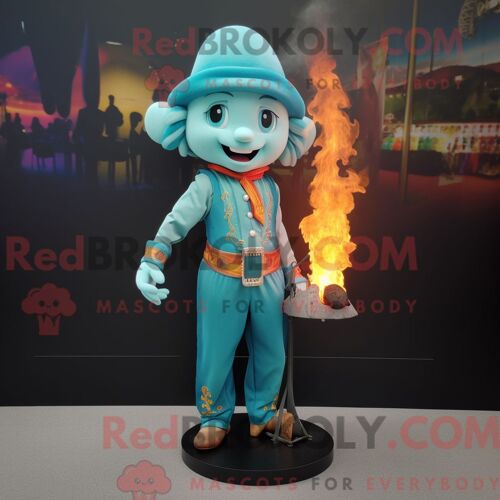 Costume Mascotte Redbrokoly De Cracheur De Feu Turquoise Habillé D Une Blouse Et De Bretelles