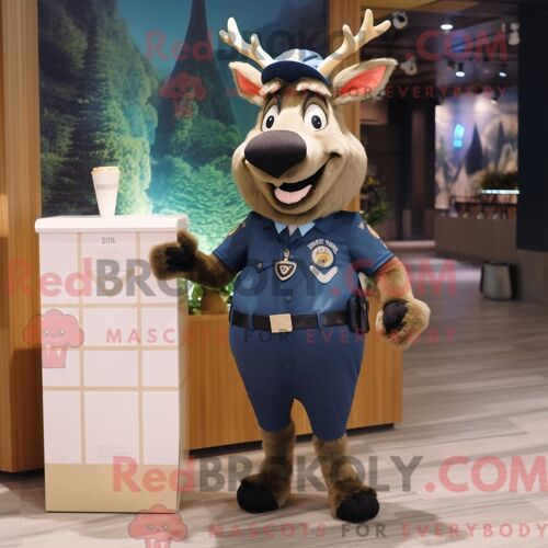 Costume Mascotte Redbrokoly D Élan Bleu Marine Habillé Avec Une Robe De Cocktail Et Des Portefeuilles